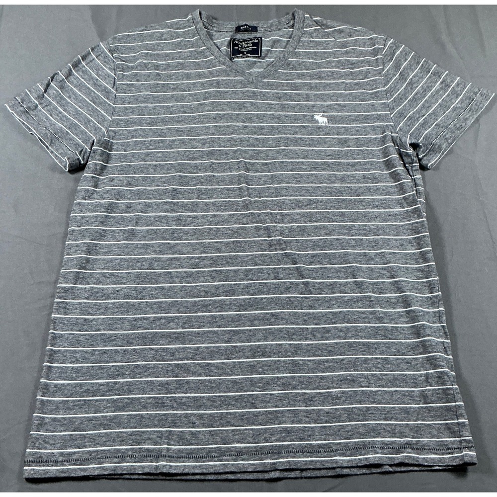 Abercrombie & Fitch Mens Muscle Fit V-Neck Striped T-Shirt Grey White Small